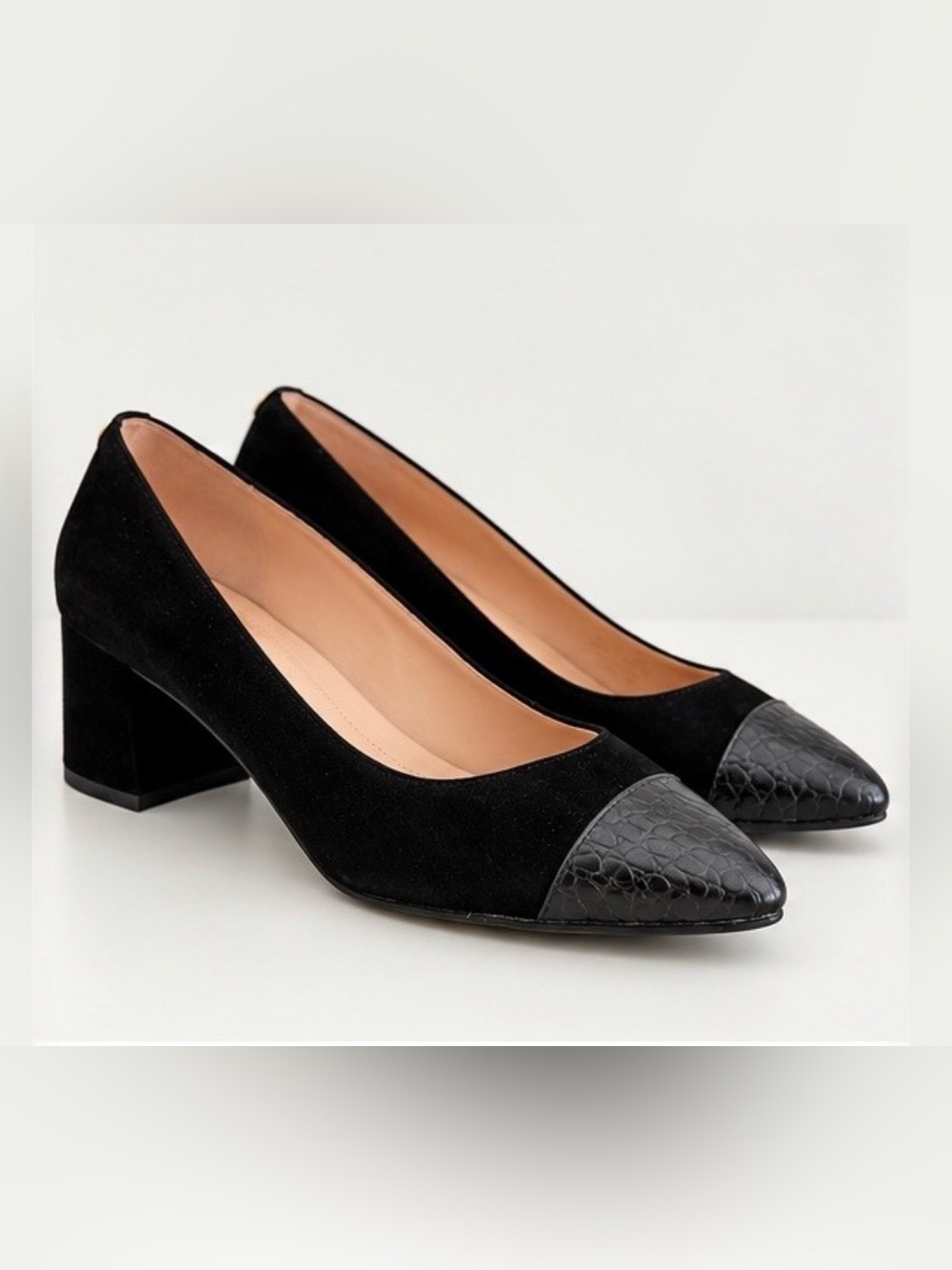 Cole Haan Black Suede Block Heel Pumps with Textured Cap Toe